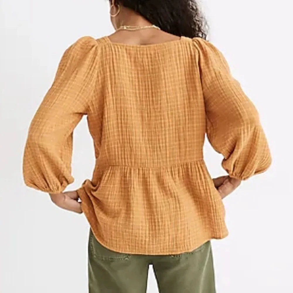 Madewell Women XS Gold Windowpane Lightspun Millbrook Puff-Sleeve Peplum Top - Picture 2 of 9